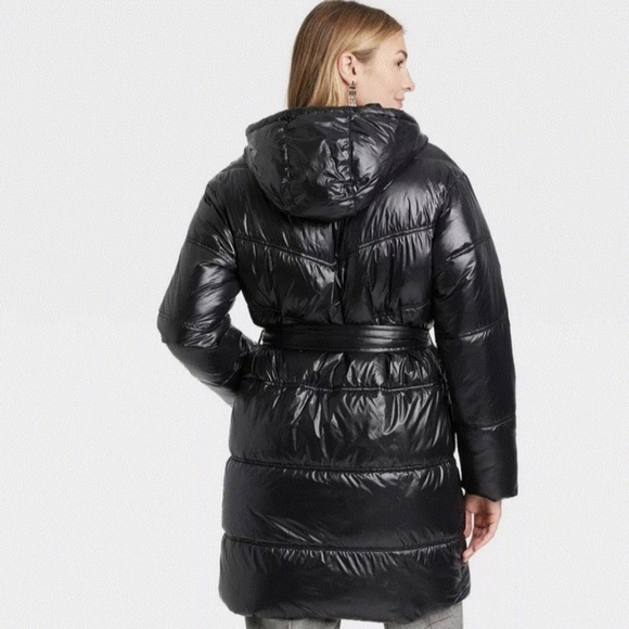 A New Day Women's Black Puffer Jacket with Hood  & Waist Belt L (NWOT) - Picture 2 of 6